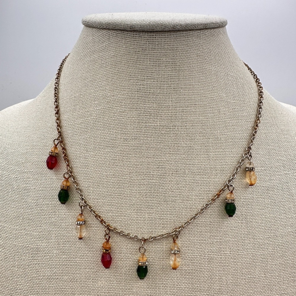 Vintage 90s Christmas Light Bulb Glass Charm Necklace Gold Tone Jewelry